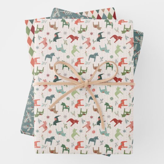 Nordic Christmas Dala Paard Wrapping Papier Bladen Inpakpapier Vel (In situ)