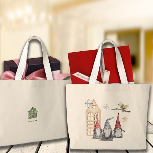 Nordic Christmas Gnomes & Home Aangepaste naam Grote Tote Bag