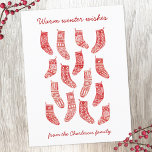 Nordic Christmas Kousen Vakantie Briefkaart<br><div class="desc">Een schattig Scandinavisch kerststotend patroon in rood en wit. Originele kunst van Nic Squirrell. Verander het bericht en de naam om te personaliseren.</div>