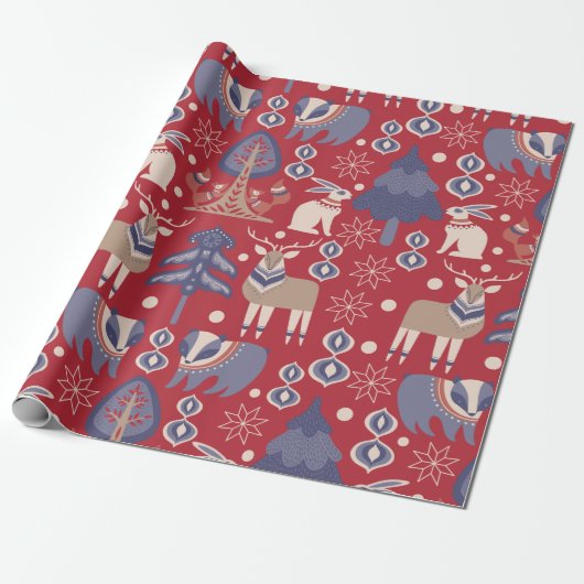 Nordic Christmas Scandinavische herten Cadeaupapier (Uitgerold)