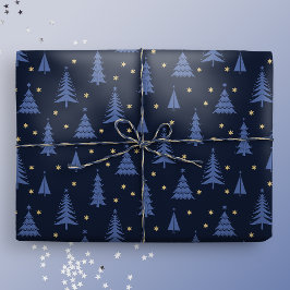Nordic Cobalt Blue Kerstbomen Donker Cadeaupapier