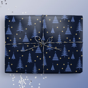 Nordic Cobalt Blue Kerstbomen Donker Cadeaupapier