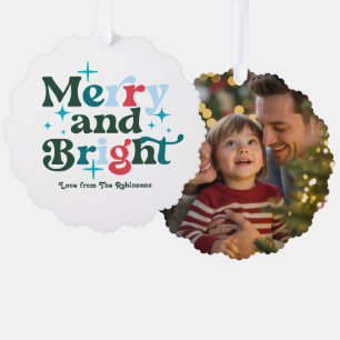 Nordic Cool Merry & Bright Retro Christmas Photo Ornament Kaart