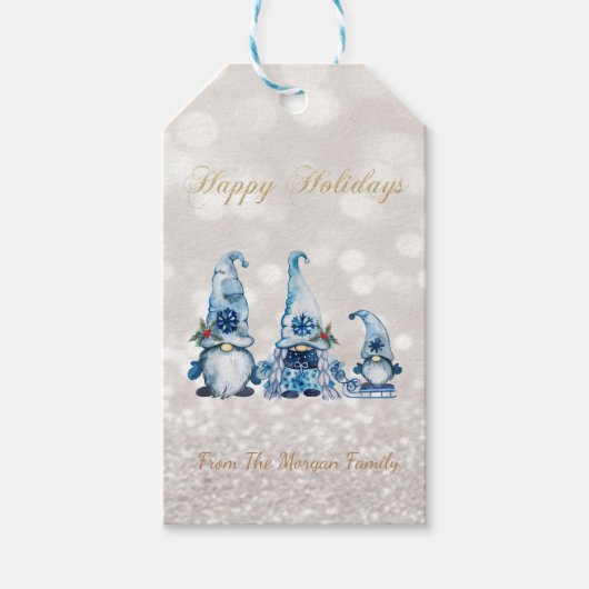 Nordic Cute Blue Gnomes Glitter Bokeh Cadeaulabel (Voorkant)