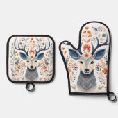 Nordic Deer Folk Art Ovenwant & Pannenlap Set (Voorkant)