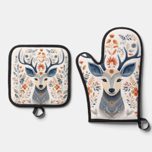 Nordic Deer Folk Art Ovenwant & Pannenlap Set
