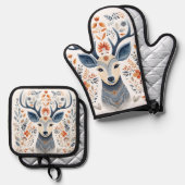 Nordic Deer Folk Art Ovenwant & Pannenlap Set (Voorkant / Achterkant)