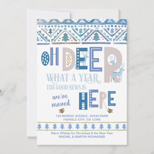Nordic Fairisle and Deer Typography Holiday Moving Aankondiging (Voorkant)