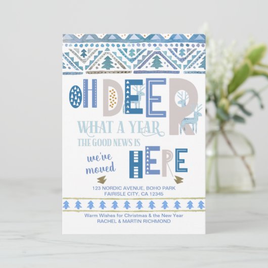 Nordic Fairisle and Deer Typography Holiday Moving Aankondiging (Staand voorkant)