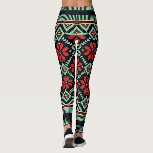 Nordic Floral Sweater Pattern Red Black Green Leggings (Achterkant)