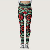 Nordic Floral Sweater Pattern Red Black Green Leggings (Voorkant)