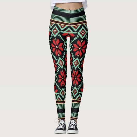 Nordic Floral Sweater Pattern Red Black Green Leggings (Voorkant)