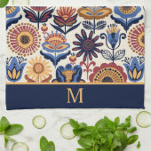Nordic Flower Folk Art Pattern Monogram Theedoek (Gevouwen)