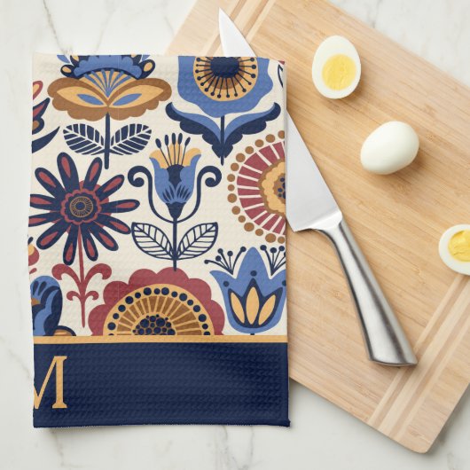Nordic Flower Folk Art Pattern Monogram Theedoek (Quarter Fold)