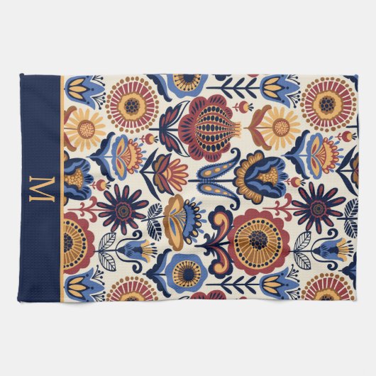Nordic Flower Folk Art Pattern Monogram Theedoek (Horizontaal)