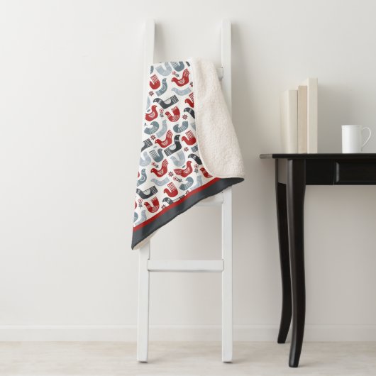 Nordic Folk Art Bird Pattern Sherpa Deken (In situ)