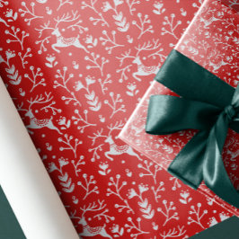 Nordic Folk Art Red Reindeer Antlers en Branches Cadeaupapier