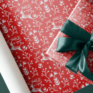 Nordic Folk Art Red Reindeer Antlers en Branches Cadeaupapier