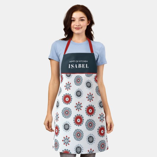 Nordic Folk Art Rood Blauw Bloemen Kerstmis Schort (Gedragen)