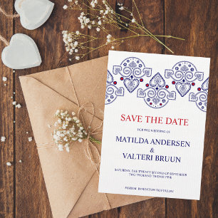 Nordic Folk Art Scandi Navy Wedding Save the Date Kaart
