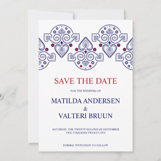 Nordic Folk Art Scandi Navy Wedding Save the Date Kaart (Voorkant)