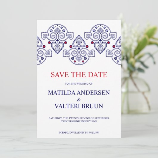 Nordic Folk Art Scandi Navy Wedding Save the Date Kaart (Staand voorkant)