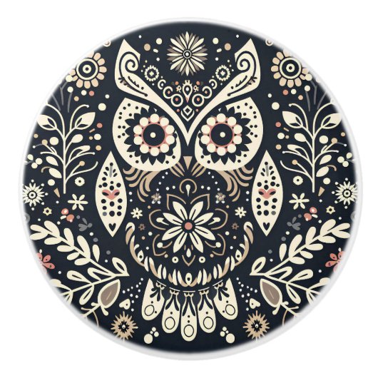 Nordic Folk Art Uil Zwart Ivoor Keramische Knop (Voorkant)