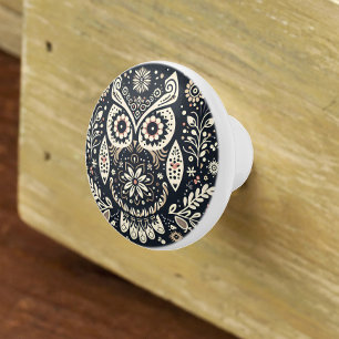 Nordic Folk Art Uil Zwart Ivoor Keramische Knop