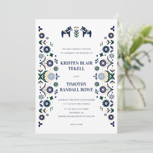 Nordic Folk Dala Horse Scandinavian Wedding V1 Inv Kaart (Staand voorkant)