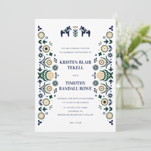 Nordic Folk Dala Horse Scandinavian Wedding V2 Kaart (Staand voorkant)