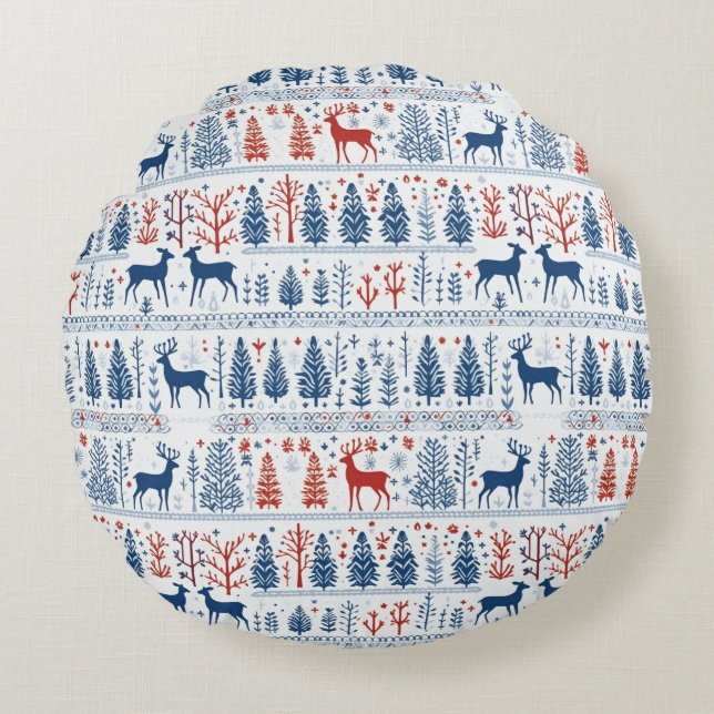 Nordic Folk Pattern Christmas Winter Wonderland Rond Kussen (Voorkant)