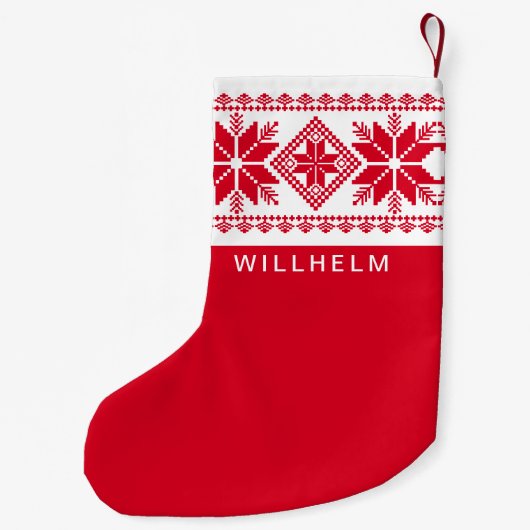 Nordic geïnspireerd sneeuwvlok patroon rood wit kleine kerstsok (Achterkant)