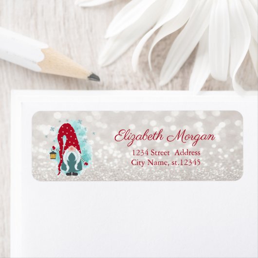 Nordic Gnome Snowflakes Glittery Bokeh Etiket (Insitu)