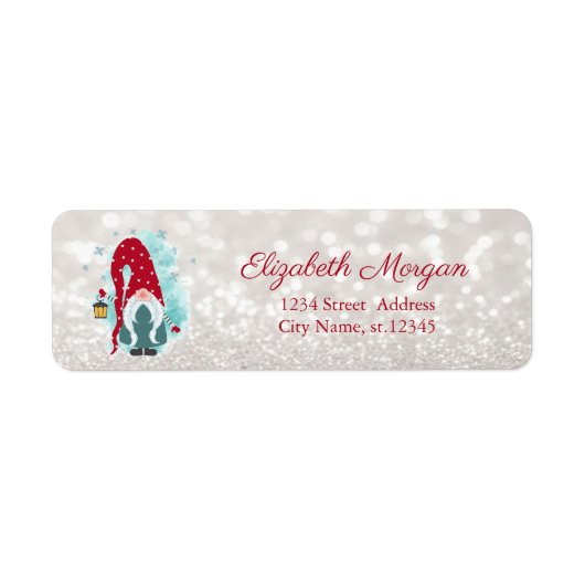 Nordic Gnome Snowflakes Glittery Bokeh Etiket (Voorkant)