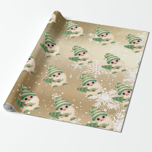 Nordic Gnome Snowflakes Gold Holiday Cadeaupapier (Uitgerold)
