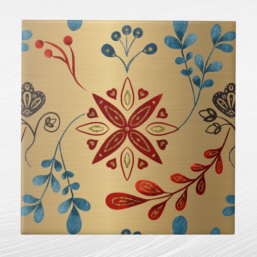 Nordic Gold Red Blue Leaves Pattern Grafisch Tegeltje