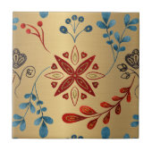 Nordic Gold Red Blue Leaves Pattern Grafisch Tegeltje (Voorkant)