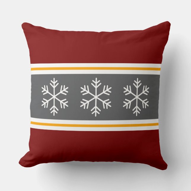 Nordic Gray Deep Red Stripes Alpine Snowflakes Kussen (Voorkant)