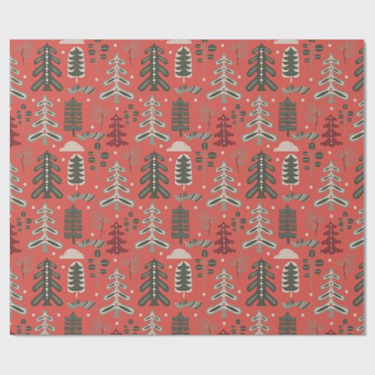 Nordic Green en White Tree Patroon op rood Cadeaupapier (Vlak)