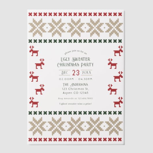Nordic Hearth Ugly Sweater Christmas Party Vellum Uitnodigingen (Voorkant)