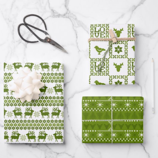 Nordic Holiday Pattern Green & White Inpakpapier Vel (Voorkant)