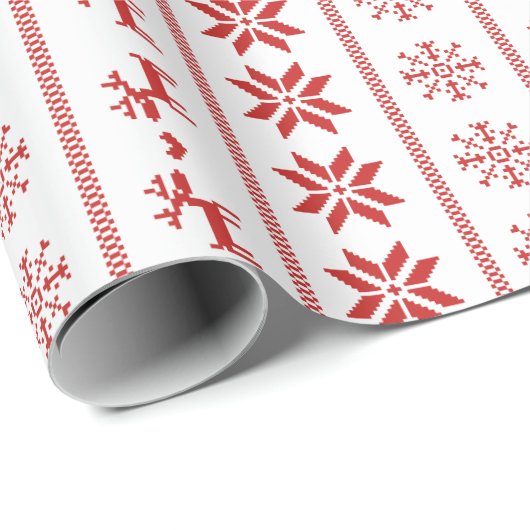 Nordic Holiday Pattern - Rood & Wit Cadeaupapier (Rol Hoek)