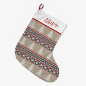 Nordic Knit Kerstpatroon | Geelbruin en Rood Groot Grote Kerstsok (Voorkant (Hangend))