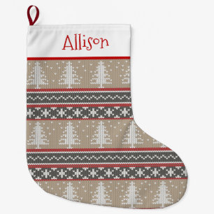 Nordic Knit Kerstpatroon   Geelbruin en Rood Groot Grote Kerstsok