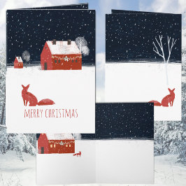 Nordic Merry Christmas Night Red Barn & Red Fox Feestdagen Kaart