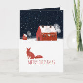Nordic Merry Christmas Night Red Barn & Red Fox Feestdagen Kaart (Voorkant)