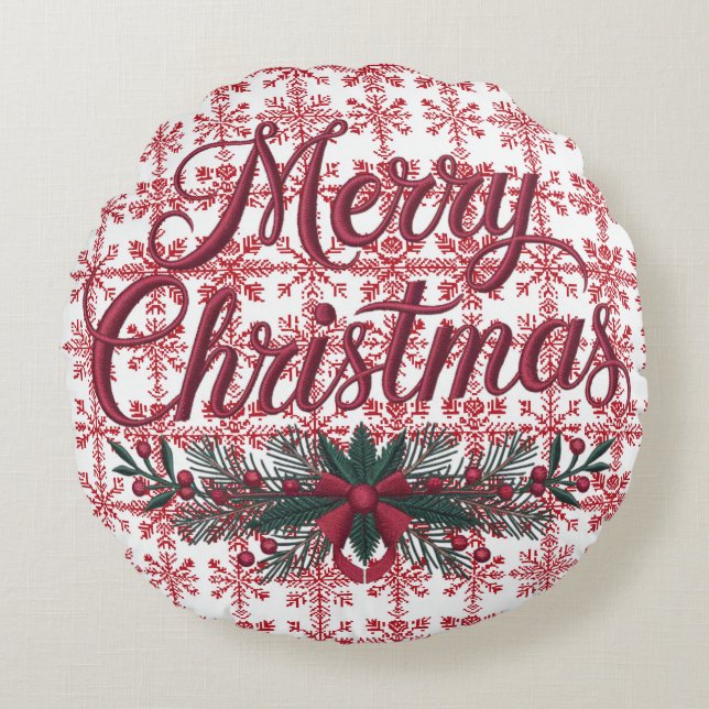 Nordic Noel Embroidery | Rode en witte sneeuwvlokk Rond Kussen (Voorkant)