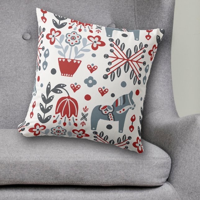 Nordic Pony and Floral Pattern in Grey and Red Kussen (Creator heeft geüpload)