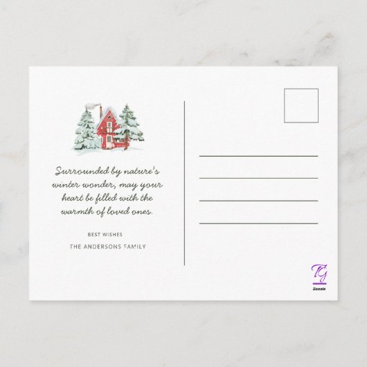 Nordic Red Barn Snowflakes Pine Forest Kerstmis Feestdagenkaart (Achterkant)