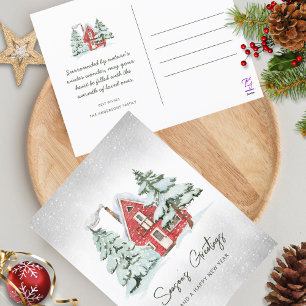 Nordic Red Barn Snowflakes Pine Forest Kerstmis Feestdagenkaart